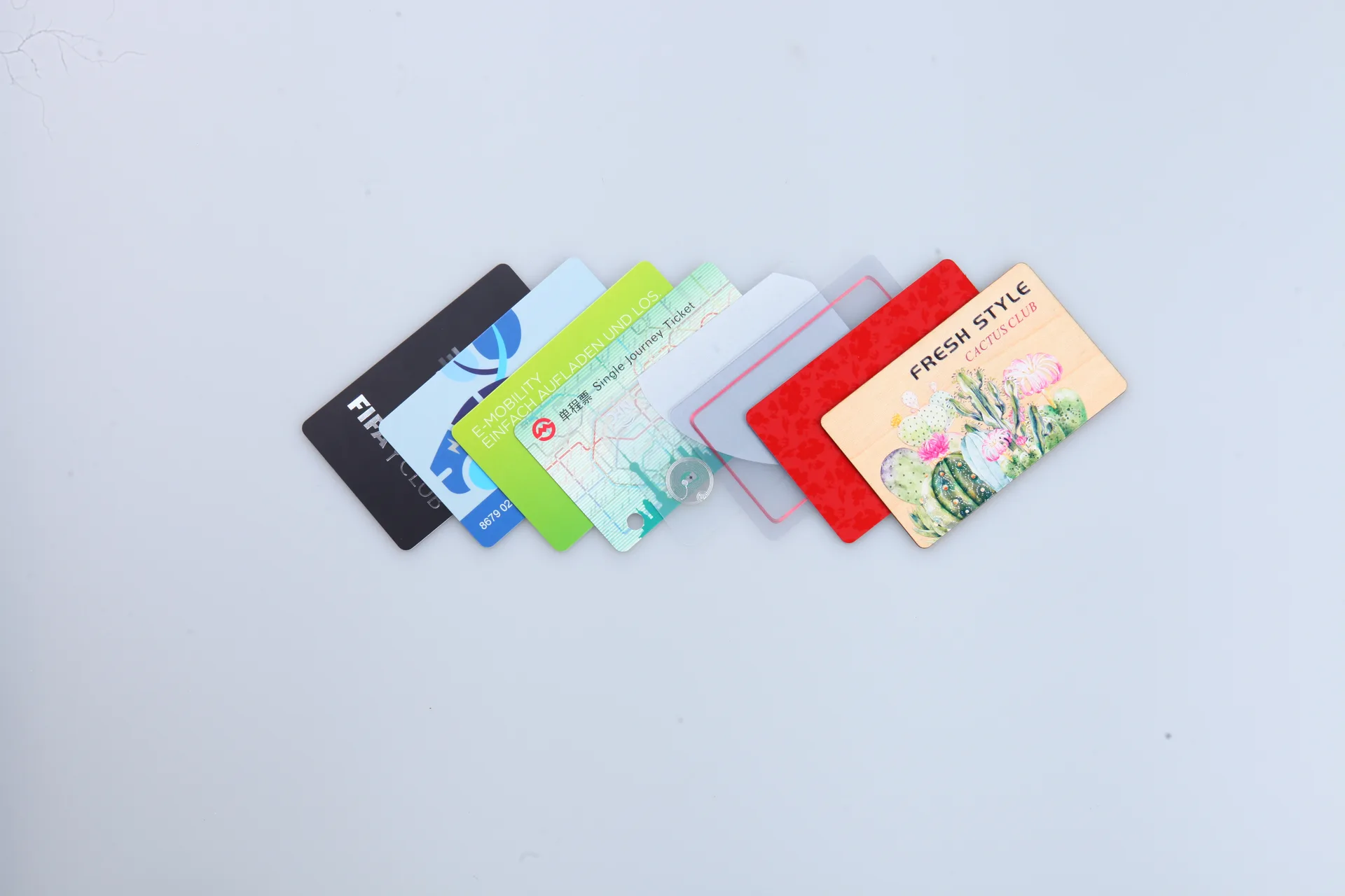 Printed RFID card format examples with visible inlays — illustrative artwork