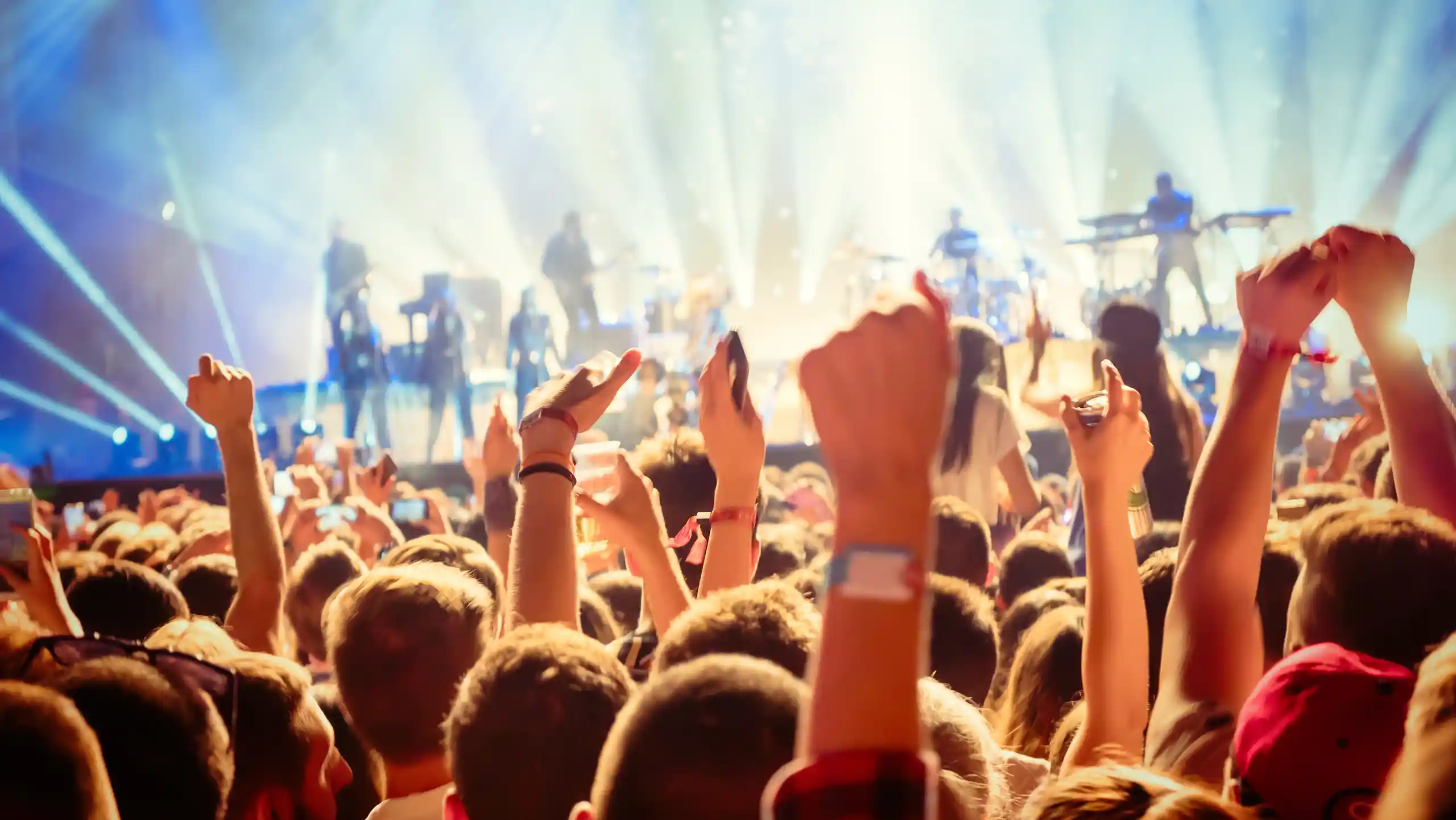Festival crowd wearing RFID event wristbands in front of a lit stage