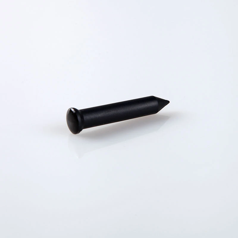 Black nail-shaped tag with a round head and pointed tip.