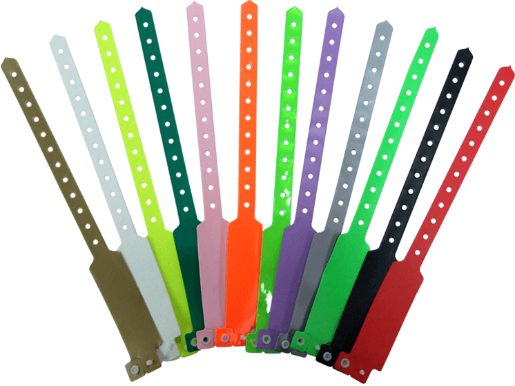 A fan of colored disposable vinyl-style wristbands with broad panels, adjustment holes and snap fasteners.